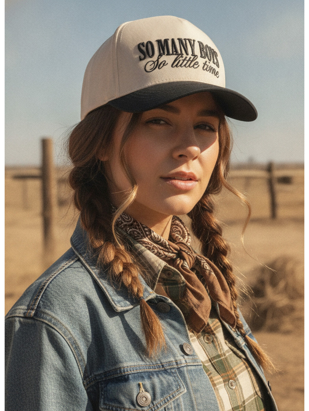 Beige and Black Trucker Hat with 'So Many Boys So Little Time' Embroidery